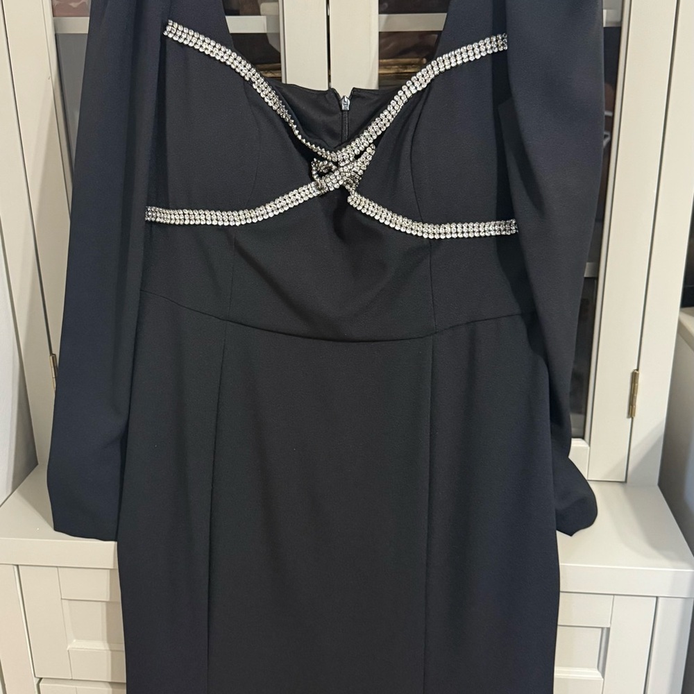 Taylor Black Long Sleeve Dress with Rhinestone Bow Accent